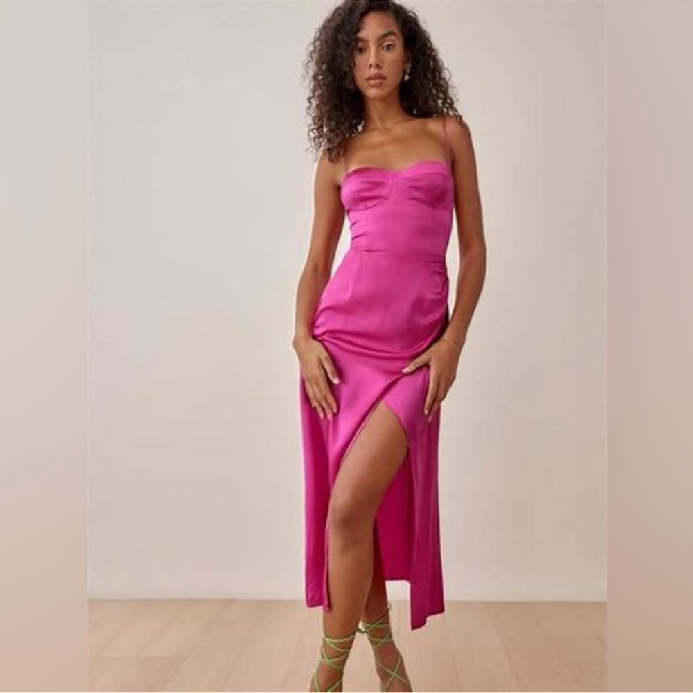 Reformation Fuchsia Pink Strapless Maxi Dress with Thigh Slit